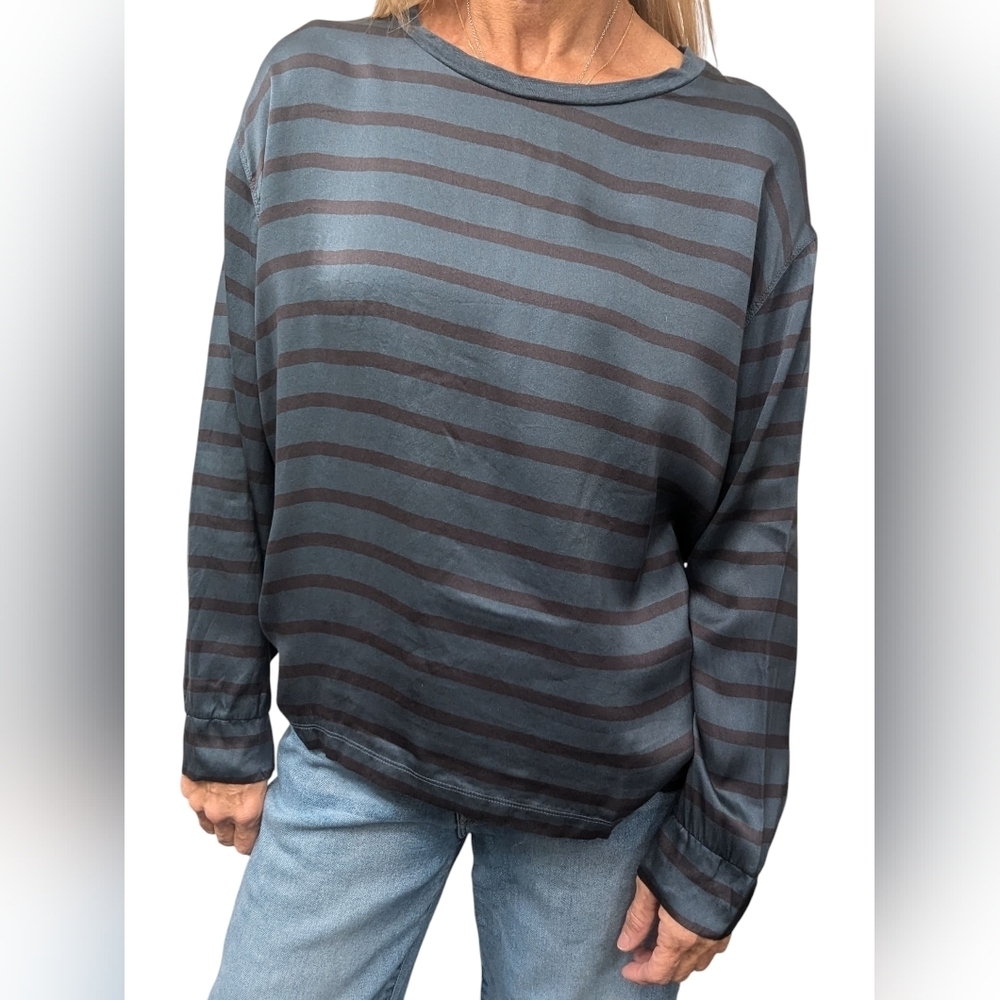 Majestic Filatures Linen Silk Stripe Top Size 3 Blue Gray